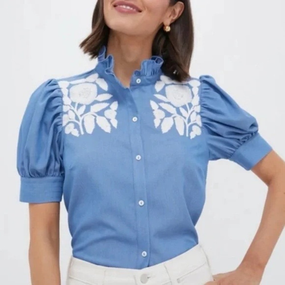 Blue Embroidered Puff-Sleeve Blouse